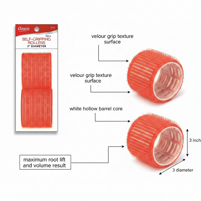 Annie Self-Gripping Hair Rollers 3 Inch, 2 Count, Red