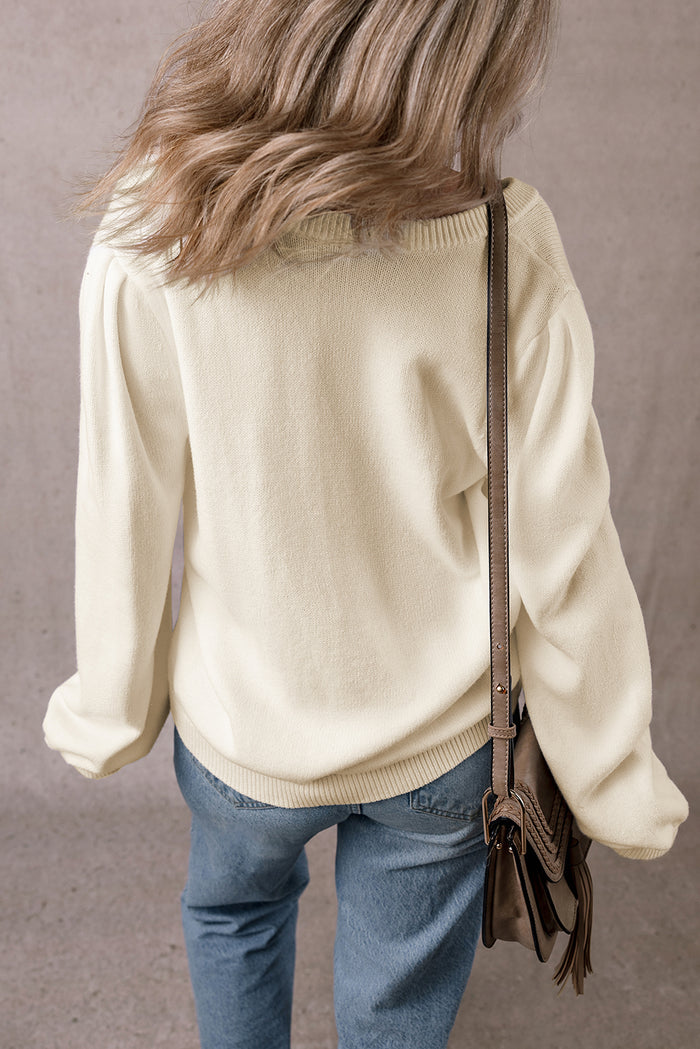 Apricot Pleated Sleeve Hollow Detail Button Sweater Cardigan 🇺🇲
