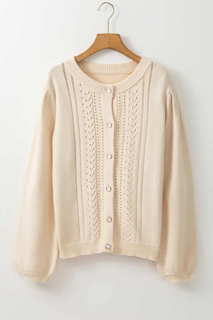 Apricot Pleated Sleeve Hollow Detail Button Sweater Cardigan 🇺🇲
