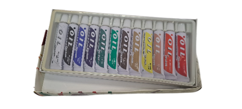 A set of 12 artist oil paint tubes in various colors, displayed in an open metal tin with a white background.
