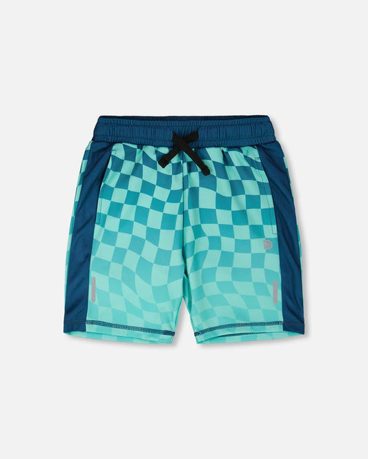 Athletic Shorts In Recycled Polyester Teal Printed Checkerboard-0