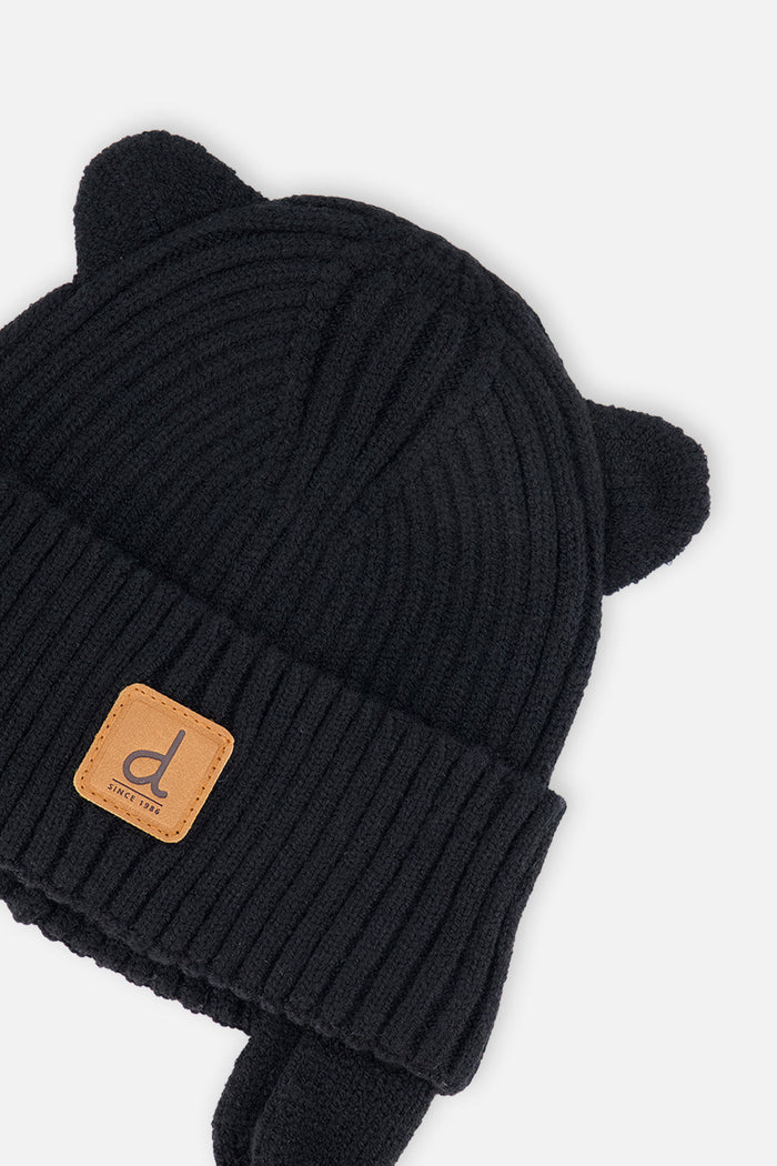 Baby Knit Hat With Strings Black-2