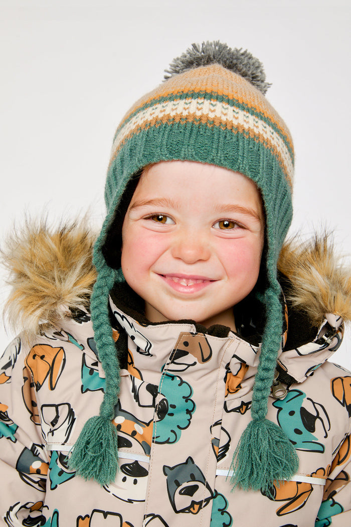 Baby Winter Peruvian Knit Hat With Pompom Beige And Green Jacquard-1