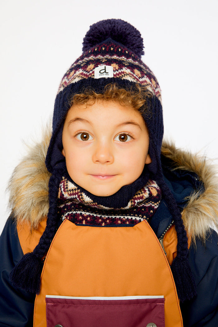 Baby Winter Peruvian Knit Hat With Pompom Blue And Red Jacquard-1