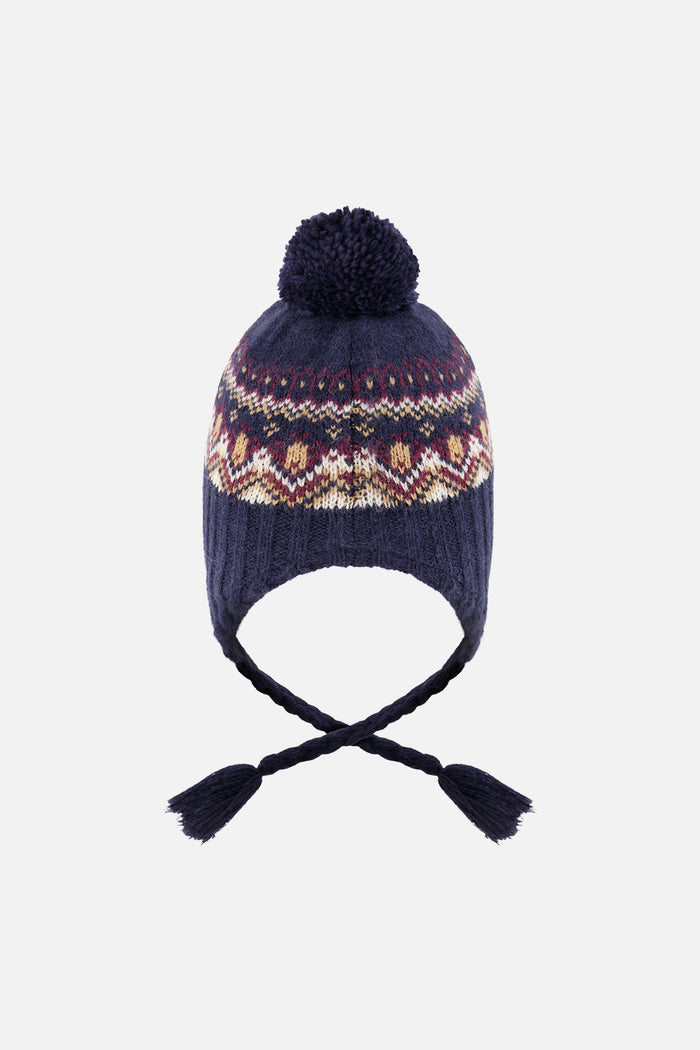 Baby Winter Peruvian Knit Hat With Pompom Blue And Red Jacquard-2