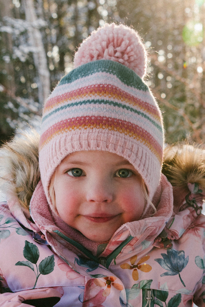 Baby Winter Peruvian Knit Hat With Pompom Pink And Green Jacquard-2