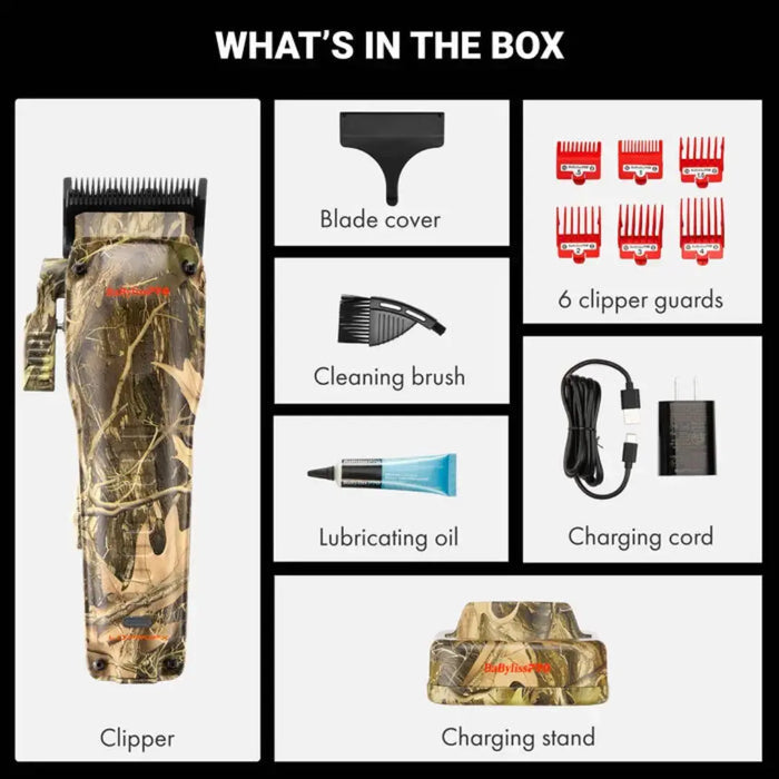 BaBylissPRO Camo LO-PROFX Compact Clipper (Limited Edition) List of items included in a hair clipper package with images and text labels.