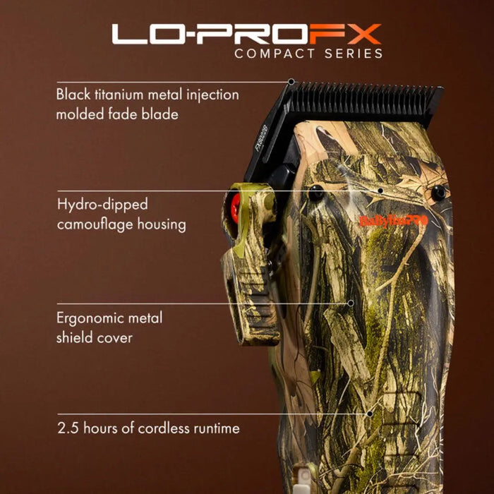 BaBylissPRO Camo LO-PROFX Compact Clipper (Limited Edition) Camouflage hair trimmer with features highlighted on a brown background