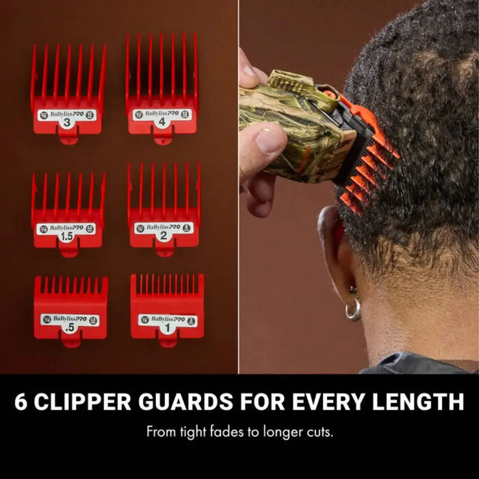 BaBylissPRO Camo LO-PROFX Compact Clipper (Limited Edition) Set of red clipper guards with corresponding numbers and a person using a hair clipper on a brown background.