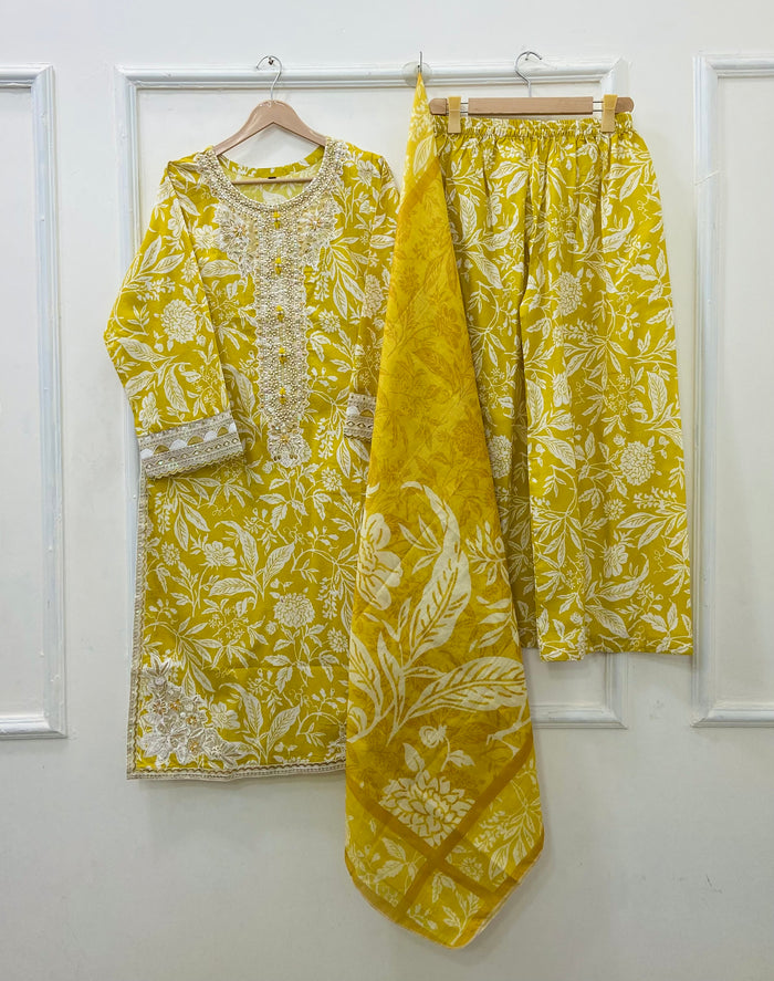 Banana Yellow Embroidered 3PC (Premium Lawn) D-485