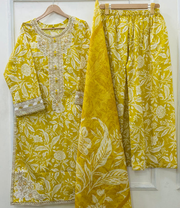 Banana Yellow Embroidered 3PC (Premium Lawn) D-485
