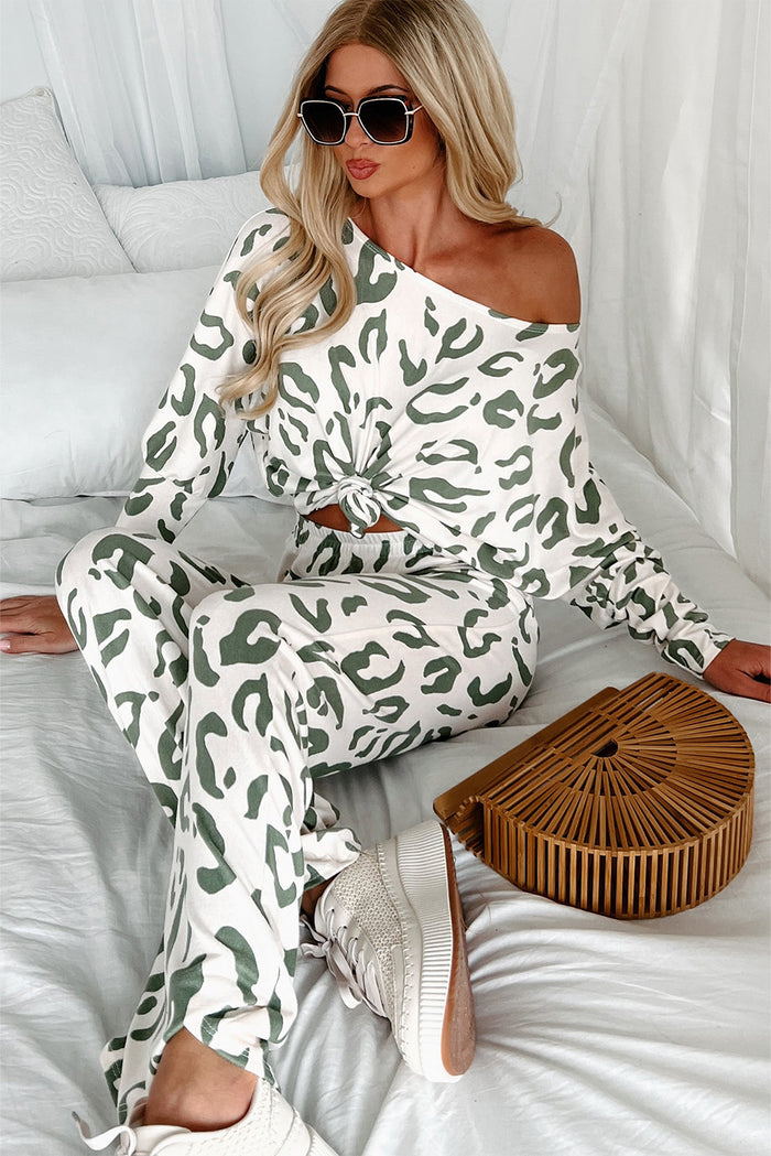 Beige Leopard Animal Print Long Sleeve and Pants Loungewear Set 🇺🇲