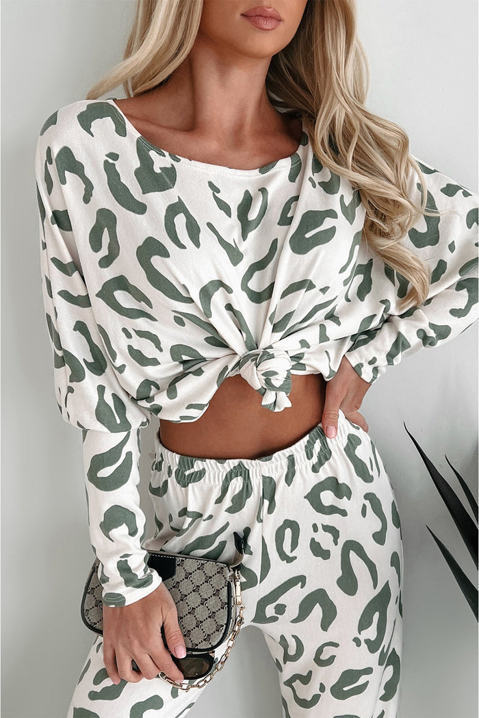 Beige Leopard Animal Print Long Sleeve and Pants Loungewear Set 🇺🇲