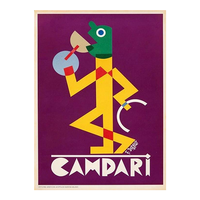 Purple Campari vintage poster with abstract green figure and large CAMPARI lettering