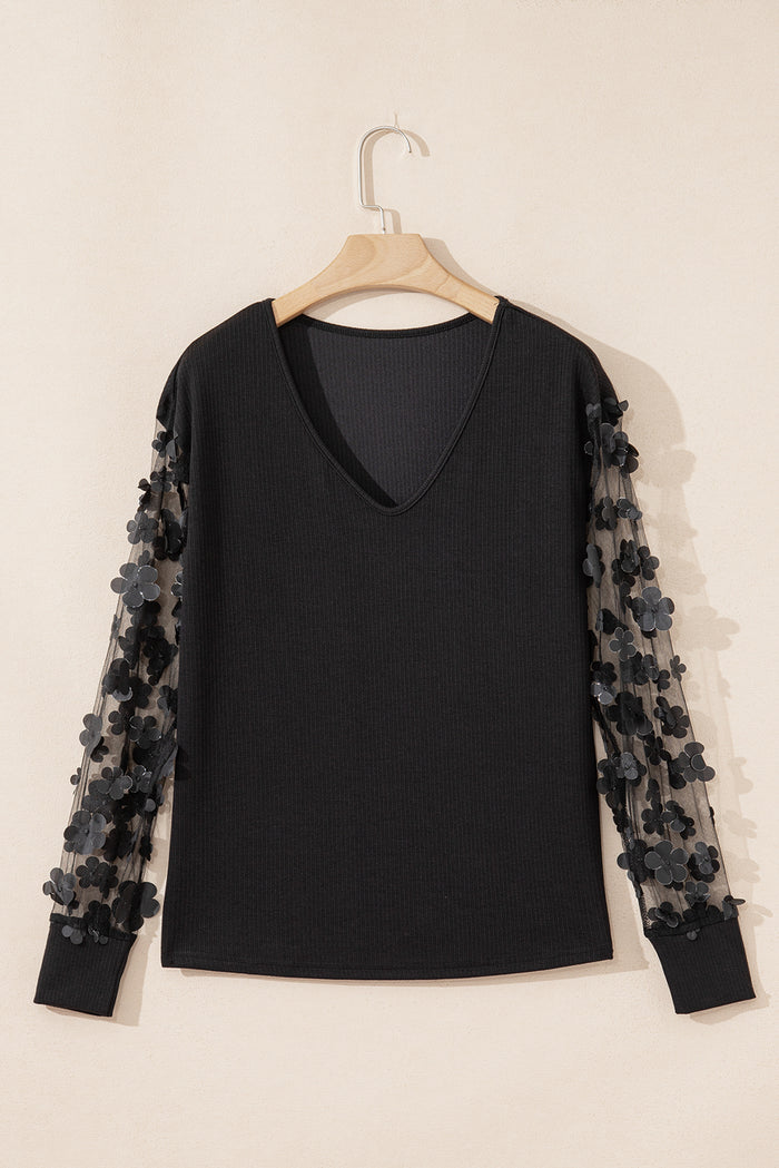 Black Flower Applique Mesh Long Sleeve V Neck Blouse 🇺🇸