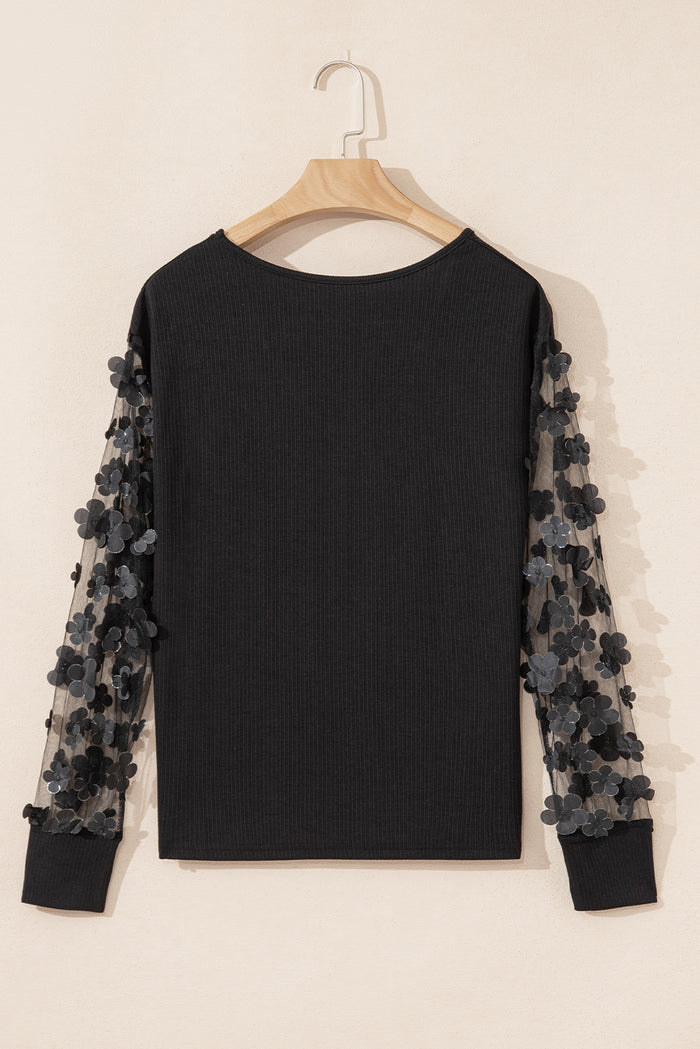 Black Flower Applique Mesh Long Sleeve V Neck Blouse 🇺🇸