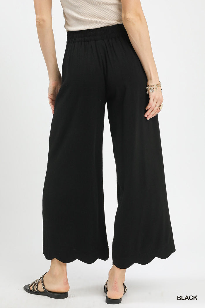 Black Linen Blend Scallop Hem Wide Leg Pants