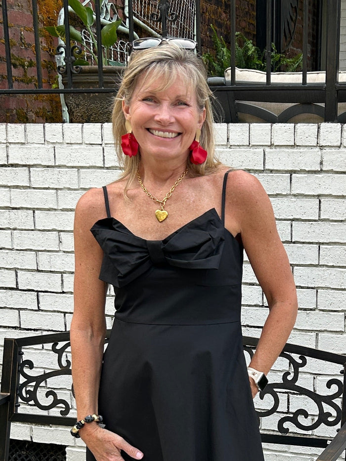 Black Midi Spaghetti Strap Dress with Bow
