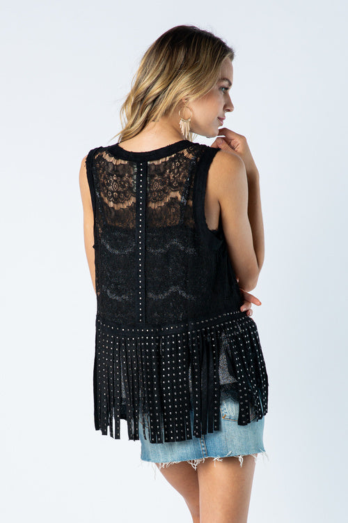 Black Ultra Suede Vest w/ Lace, Studs & Fringe Details