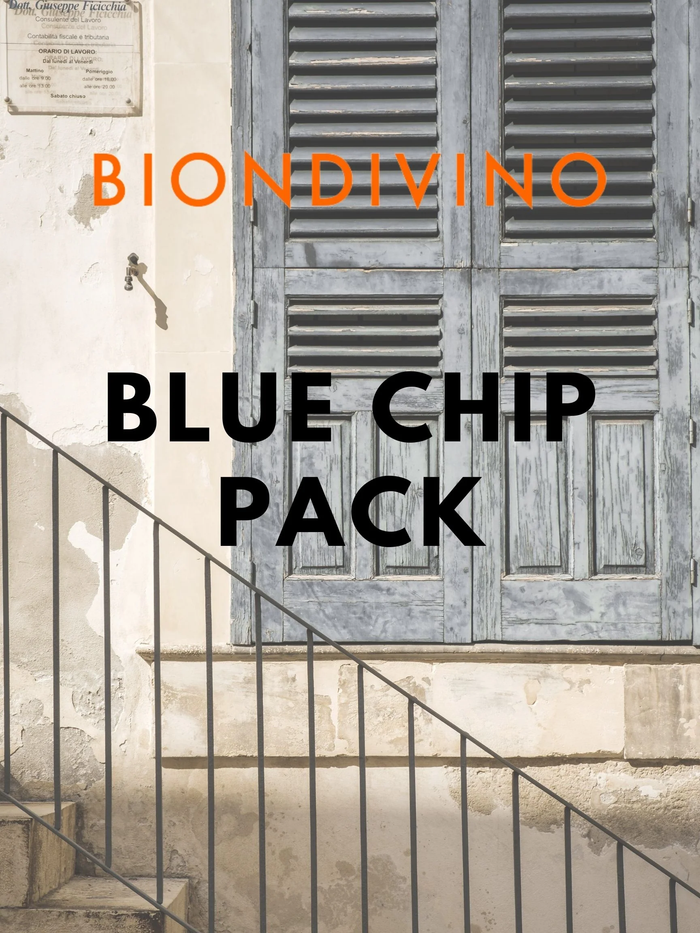 Promotional poster with BIONDIVINO and large BLUE CHIP PACK title