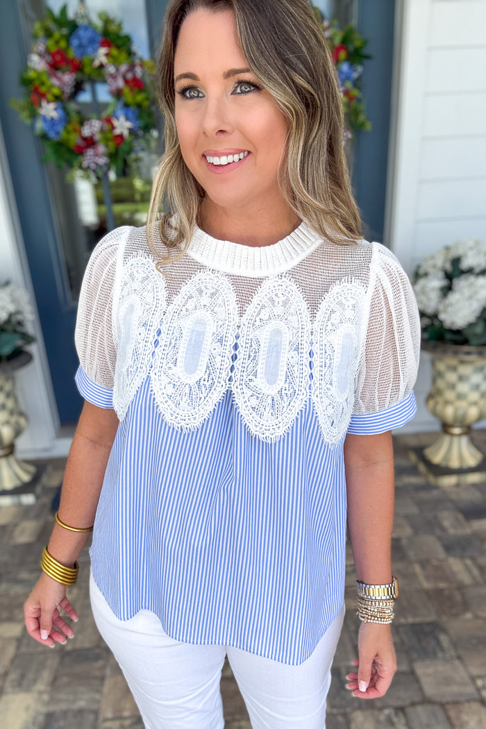 Blue Stripe Lace Blouse