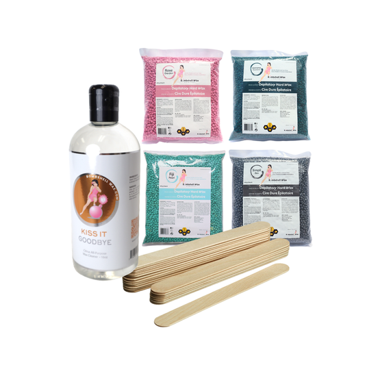 Collection of hard wax bags with a bottle of Kiss it Goodbye wax cleaner and wooden wax sticks