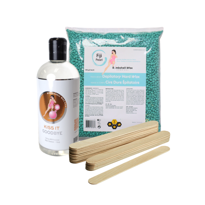 Bag of Fiji Pearl hard wax with a bottle of Kiss it Goodbye wax cleaner and wooden wax sticks
