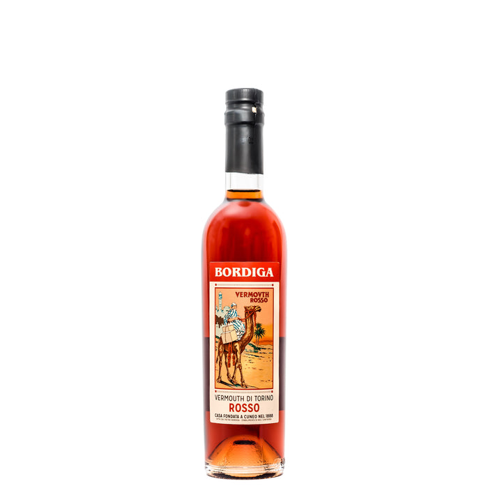 Bordiga Vermouth Rosso bottle, amber-red glass with black foil cap and label