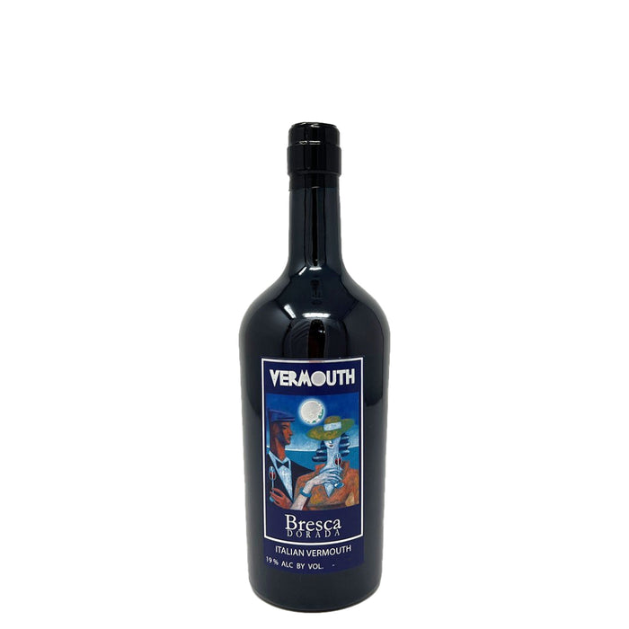Vermouth bottle, dark glass and black cap, illustrated label with “Vermouth” text