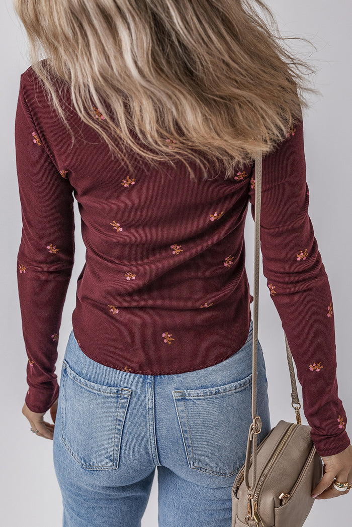 Burgundy Notched Neck Floral Print Ribbed Long Sleeve Top 🇺🇲