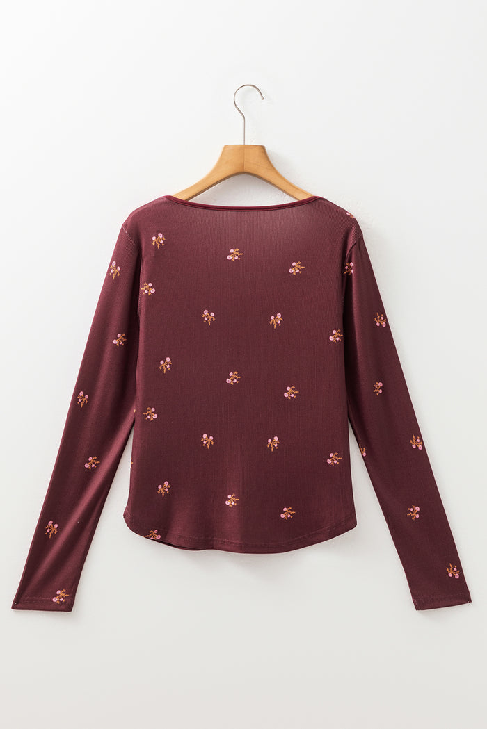 Burgundy Notched Neck Floral Print Ribbed Long Sleeve Top 🇺🇲