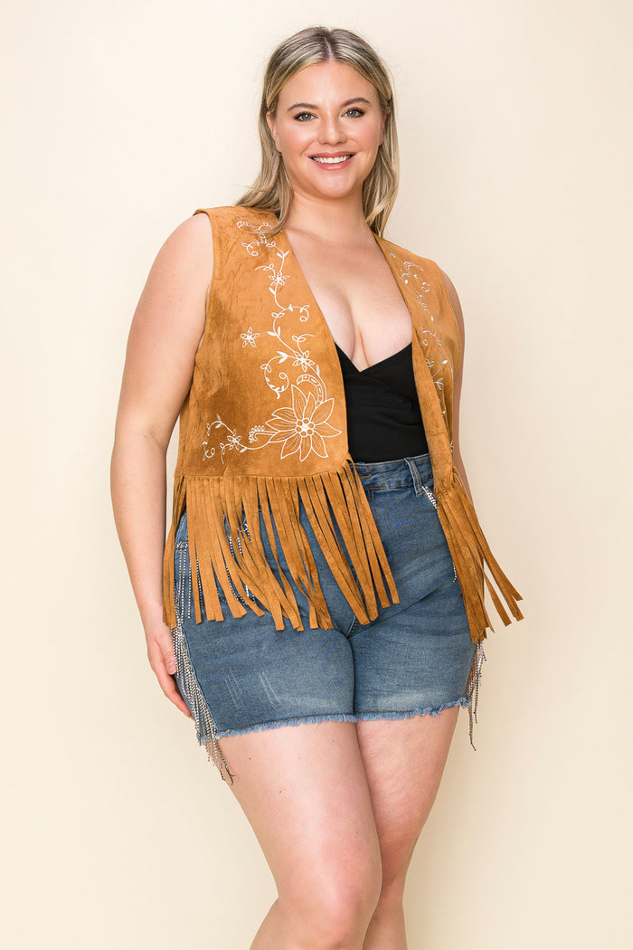 Camel Brown Embroidered Fringe Hem Vest