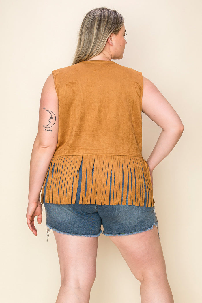Camel Brown Embroidered Fringe Hem Vest