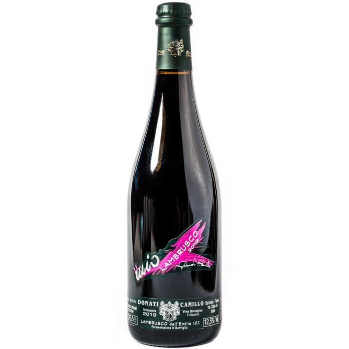 Camillo Donati Lambrusco 2023 wine bottle, dark glass and green cap