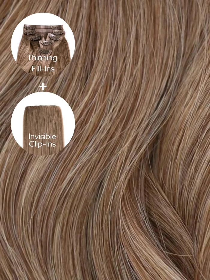 Caramel Ash Blend (4/9) Thinning Hair and Invisible Clip-ins Bundle