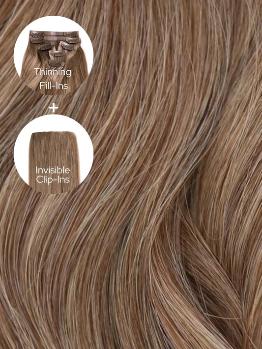 Caramel Ash Blend (4/9) Thinning Hair and Invisible Clip-ins Bundle