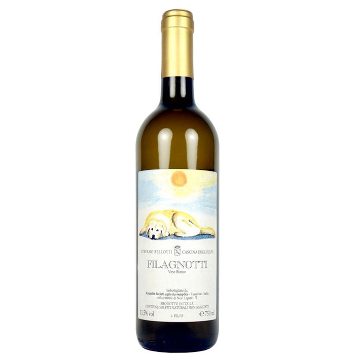 White wine bottle 2021 by Cascina degli Ulivi Filagnotti, gold cap and printed label