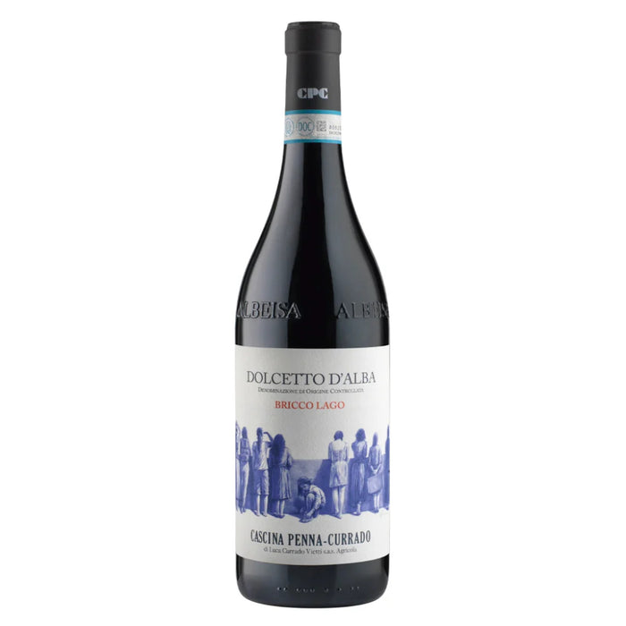 Dolcetto d'Alba wine bottle with dark glass and black cap