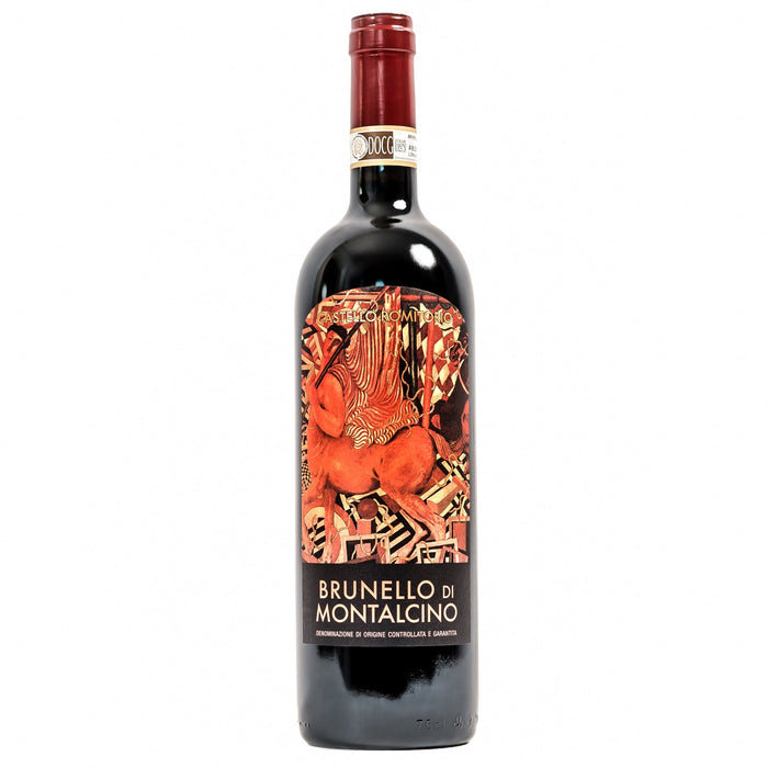 Castello Romitorio Brunello di Montalcino 2019 wine bottle, red label and foil crown