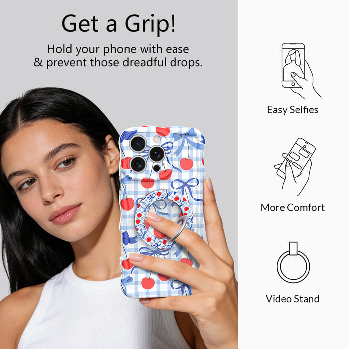 Cherry On Top pattern MagSafe phone grip ring with red cherries blue bows and gingham background compatible with iPhone and Samsung