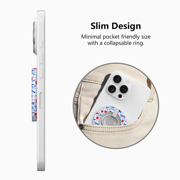 Cherry On Top pattern MagSafe phone grip ring with red cherries blue bows and gingham background compatible with iPhone and Samsung