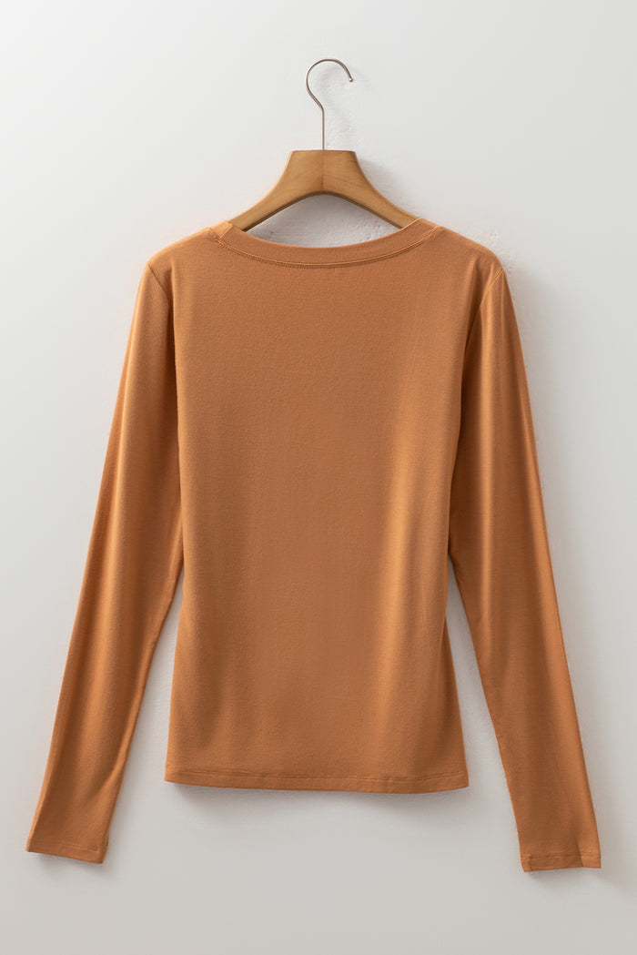 Chestnut Solid Color Long Sleeve Fitted Top 🇺🇲