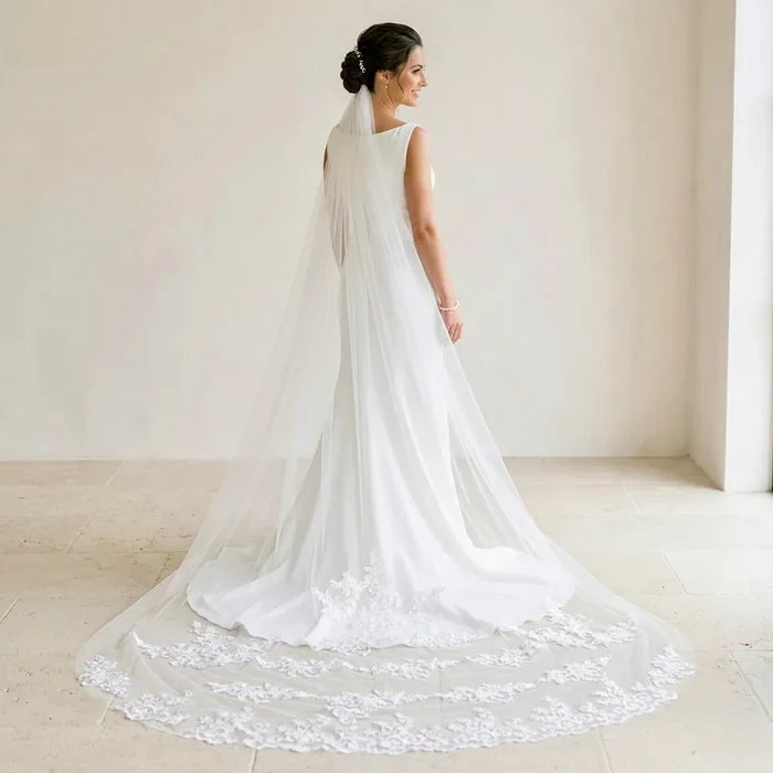 Wedding Veil - Lace Edge Cathedral Length Bridal Veil - White & Ivory