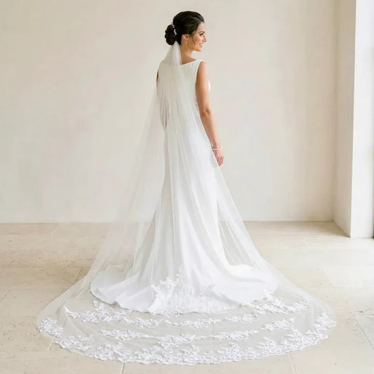 Wedding Veil - Lace Edge Cathedral Length Bridal Veil - White & Ivory