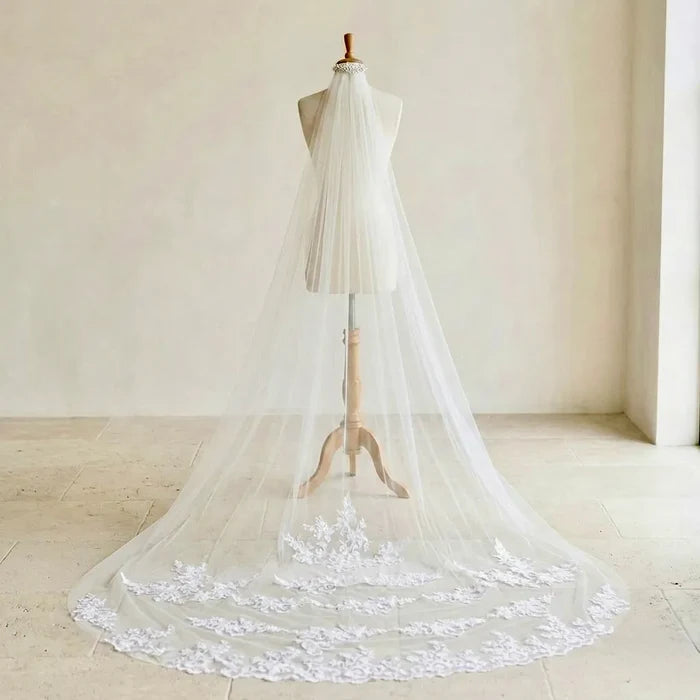 Wedding Veil - Lace Edge Cathedral Length Bridal Veil - White & Ivory