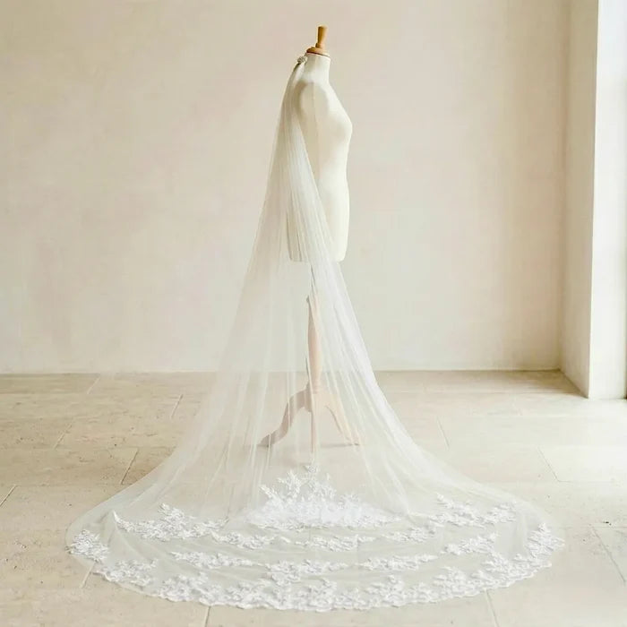 Wedding Veil - Lace Edge Cathedral Length Bridal Veil - White & Ivory