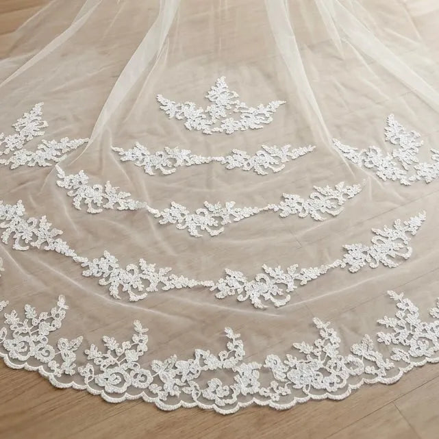 Wedding Veil - Lace Edge Cathedral Length Bridal Veil - White & Ivory