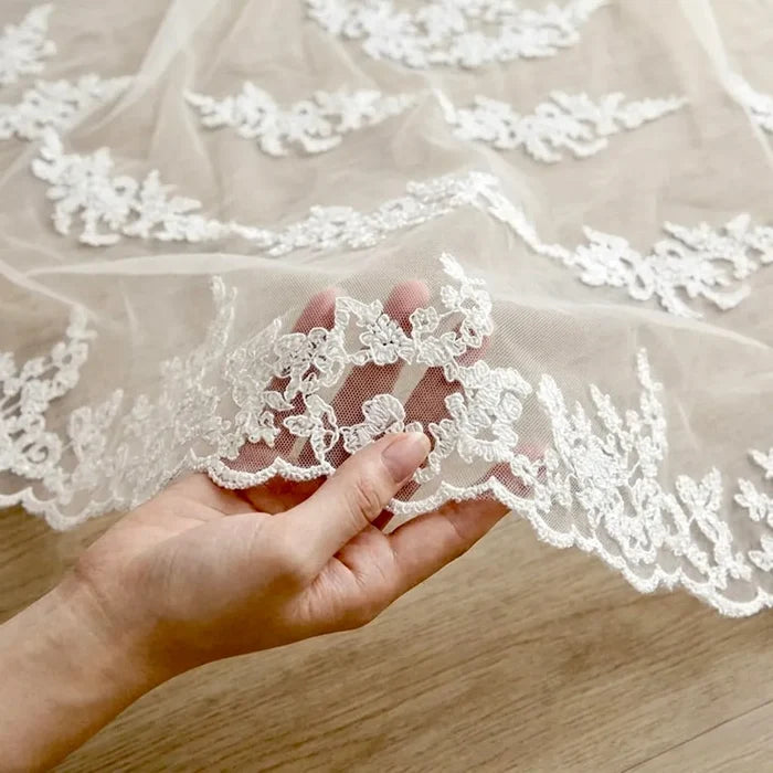 Wedding Veil - Lace Edge Cathedral Length Bridal Veil - White & Ivory