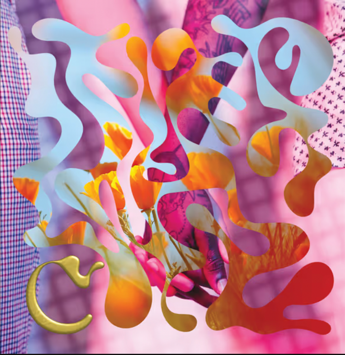 Abstract artwork with colorful shapes and gold crescent detail