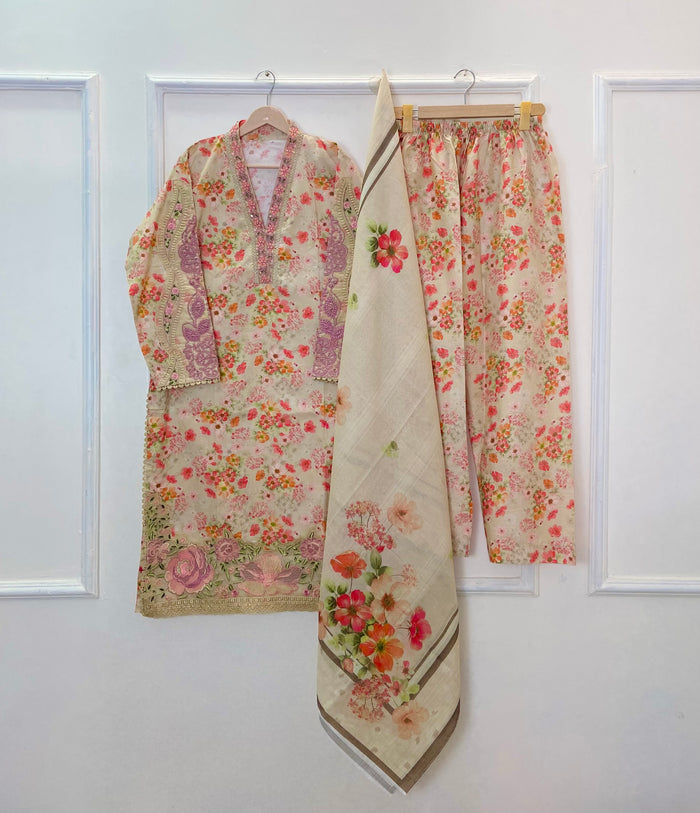Creamy Floral Embroidered 3PC (Premium Cotton) D-340